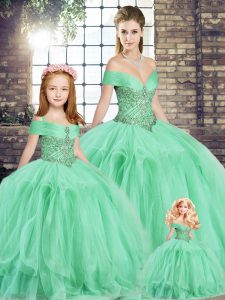 Apple Green Lace Up Off The Shoulder Beading and Ruffles Ball Gown Prom Dress Tulle Sleeveless