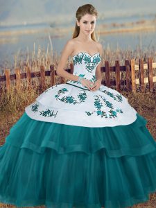 Teal Sleeveless Tulle Lace Up Quince Ball Gowns for Military Ball and Sweet 16 and Quinceanera