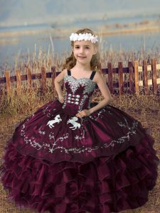 Straps Sleeveless Organza Little Girl Pageant Dress Embroidery and Ruffled Layers Lace Up