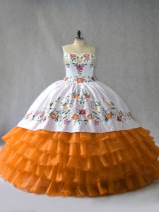 Orange Sweetheart Neckline Embroidery and Ruffled Layers Quince Ball Gowns Sleeveless Lace Up