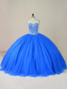 Blue Tulle Lace Up Sweetheart Sleeveless Floor Length Quinceanera Gown Beading