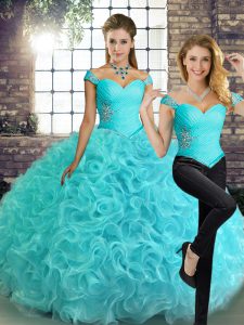 New Style Two Pieces Quinceanera Dresses Aqua Blue Off The Shoulder Fabric With Rolling Flowers Sleeveless Floor Length Lace Up