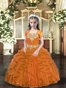 Brown Lace Up Little Girls Pageant Dress Beading and Ruffles Sleeveless Floor Length