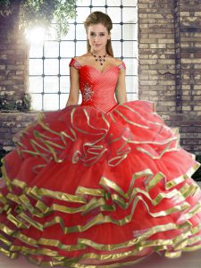 Designer Coral Red Ball Gowns Tulle Off The Shoulder Sleeveless Beading and Ruffled Layers Floor Length Lace Up Quinceanera Dress