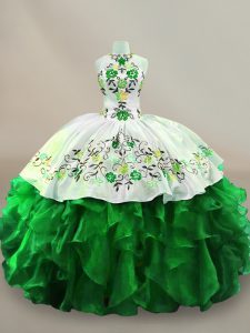 Fashionable Ball Gowns Quince Ball Gowns Green Halter Top Organza Sleeveless Floor Length Lace Up