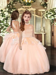 Halter Top Sleeveless Backless Girls Pageant Dresses Peach Organza