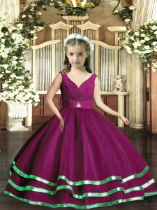 V-neck Sleeveless Organza Girls Pageant Dresses Beading and Ruching Backless