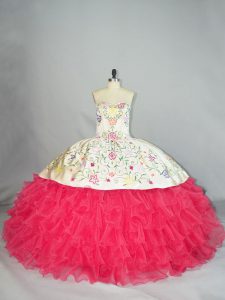 Graceful Floor Length White And Red Sweet 16 Quinceanera Dress Organza Sleeveless Embroidery and Ruffles