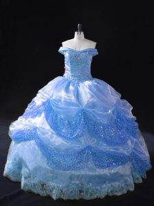 Blue Ball Gowns Organza Off The Shoulder Sleeveless Beading and Appliques Floor Length Lace Up Quinceanera Dresses