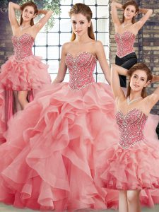 Enchanting Sleeveless Brush Train Beading and Ruffles Lace Up Quinceanera Dress