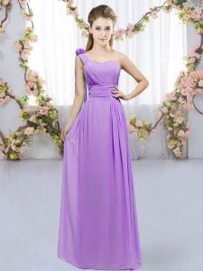 Affordable One Shoulder Sleeveless Chiffon Dama Dress for Quinceanera Hand Made Flower Lace Up