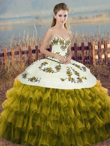 Organza Sweetheart Sleeveless Lace Up Embroidery and Ruffled Layers and Bowknot Quinceanera Gowns in Olive Green