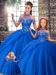 Customized Lace Up Quinceanera Dress Blue for Military Ball and Sweet 16 and Quinceanera with Beading and Pick Ups Brush Train