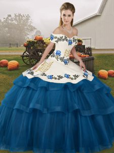 Sophisticated Blue Quinceanera Dress Off The Shoulder Sleeveless Brush Train Lace Up