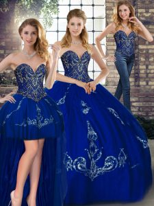 Sleeveless Floor Length Beading and Embroidery Lace Up Sweet 16 Quinceanera Dress with Royal Blue