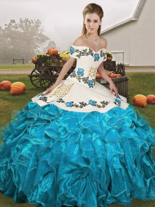 Custom Fit Sleeveless Floor Length Embroidery and Ruffles Lace Up Quinceanera Dresses with Blue And White