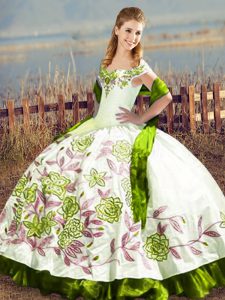 Captivating Off The Shoulder Sleeveless Satin Quinceanera Dress Embroidery Lace Up