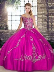 Fuchsia Off The Shoulder Lace Up Beading and Embroidery Quinceanera Dresses Sleeveless