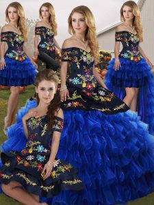 Extravagant Blue And Black Sleeveless Floor Length Embroidery and Ruffled Layers Lace Up Vestidos de Quinceanera