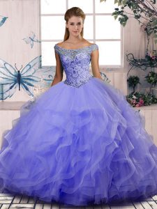 Lavender Sleeveless Beading and Ruffles Floor Length Sweet 16 Dresses