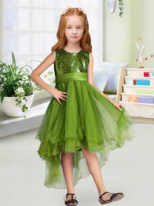 Unique High Low Zipper Little Girl Pageant Gowns Olive Green for Wedding Party with Sequins and Bowknot