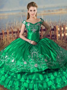 High End Off The Shoulder Sleeveless Quinceanera Gown Floor Length Embroidery and Ruffled Layers Green Organza