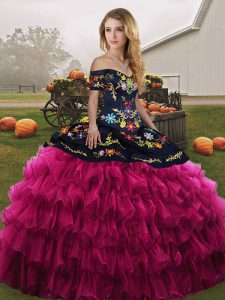 Sophisticated Sleeveless Floor Length Embroidery and Ruffled Layers Lace Up Quinceanera Dress with Fuchsia