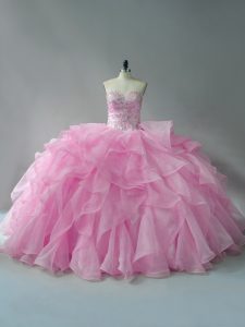 Baby Pink 15 Quinceanera Dress Sweet 16 and Quinceanera with Beading and Ruffles Sweetheart Sleeveless Lace Up