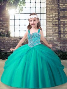 Aqua Blue Ball Gowns Tulle Spaghetti Straps Sleeveless Beading Floor Length Lace Up Little Girls Pageant Gowns