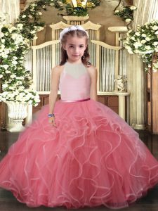 Glorious Watermelon Red Ball Gowns Ruffles Girls Pageant Dresses Backless Tulle Sleeveless Floor Length