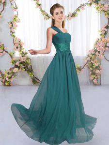 Traditional Peacock Green One Shoulder Neckline Ruching Quinceanera Dama Dress Sleeveless Lace Up