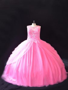 Sleeveless Tulle Court Train Lace Up Quinceanera Gowns in Rose Pink with Beading