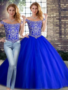 Royal Blue Two Pieces Tulle Off The Shoulder Sleeveless Beading Lace Up Quinceanera Dress Brush Train