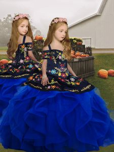 Tulle Sleeveless Floor Length Girls Pageant Dresses and Embroidery and Ruffles