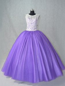 Beauteous Lavender Sleeveless Floor Length Lace Lace Up Quinceanera Gown