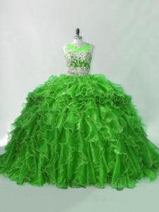 Green Two Pieces Organza Scoop Sleeveless Beading and Ruffles Zipper Vestidos de Quinceanera Brush Train