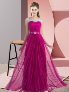 Eye-catching Fuchsia Empire Beading Dama Dress Lace Up Chiffon Sleeveless Floor Length