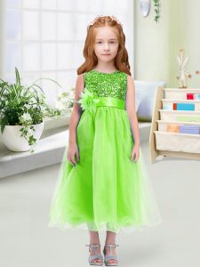 Sleeveless Sequins and Hand Made Flower Tea Length Little Girl Pageant Dress