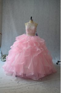 Customized Pink Backless Halter Top Beading and Ruffles Quinceanera Gowns Organza Sleeveless