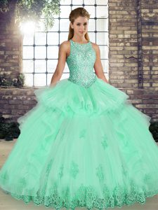 Floor Length Apple Green Sweet 16 Quinceanera Dress Scoop Sleeveless Lace Up