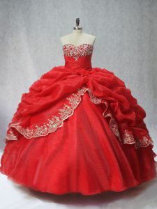 Sexy Floor Length Lace Up Sweet 16 Dresses Red for Sweet 16 and Quinceanera with Appliques and Pick Ups