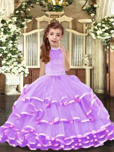 Lavender Ball Gowns Halter Top Sleeveless Organza Floor Length Backless Beading and Ruffled Layers Little Girl Pageant Dress