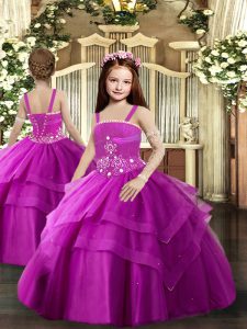 Fuchsia Tulle Lace Up Straps Sleeveless Floor Length Girls Pageant Dresses Beading and Ruching