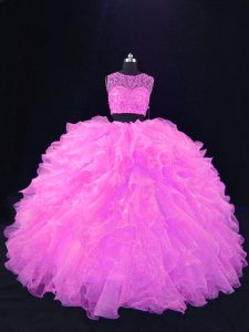 Dramatic Organza Scoop Sleeveless Zipper Beading and Ruffles Sweet 16 Dress in Pink