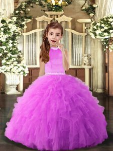 Floor Length Backless Little Girls Pageant Gowns Lilac for Party and Sweet 16 and Wedding Party with Beading and Ruffles