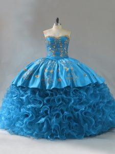 Fashionable Blue Sleeveless Embroidery and Ruffles Lace Up Vestidos de Quinceanera