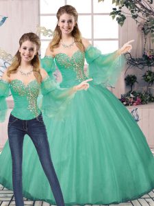 Comfortable Two Pieces Quinceanera Gown Turquoise Sweetheart Tulle Sleeveless Floor Length Lace Up