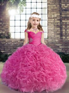 Fuchsia Lace Up Straps Beading and Ruching Pageant Dress Toddler Fabric With Rolling Flowers Sleeveless