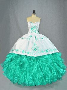 Turquoise Ball Gowns Organza Sweetheart Sleeveless Embroidery and Ruffles Floor Length Lace Up Ball Gown Prom Dress