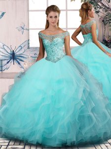 Classical Aqua Blue Sweet 16 Dress Sweet 16 and Quinceanera with Beading and Ruffles Off The Shoulder Sleeveless Lace Up